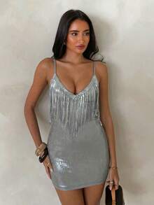 SHEIN Glamour Nuevo vestido de tirantes con escote en V y cremallera con borlas en la espalda, de estilo sexy y elegante. Adecuado para fiestas rave y ocasiones de ajuste ceñido. (Estilo de mujer) - Plateado - Ver 5