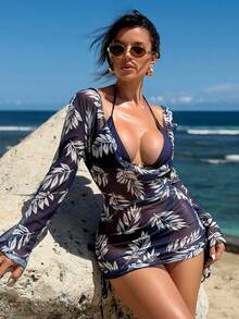 Swim Vcay 3件套随机印花吊带露背泳衣，女士沙滩度假装，春夏款 - 彩色 - 查看 5