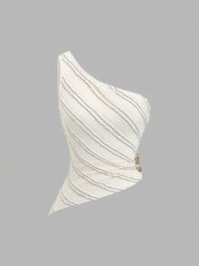 Olithes Women's New Asymmetric One Shoulder Top, Textured Fabric With Metal Button Decor, Suitable For Beach Vacation, Spring/Summer - Beige - View 1