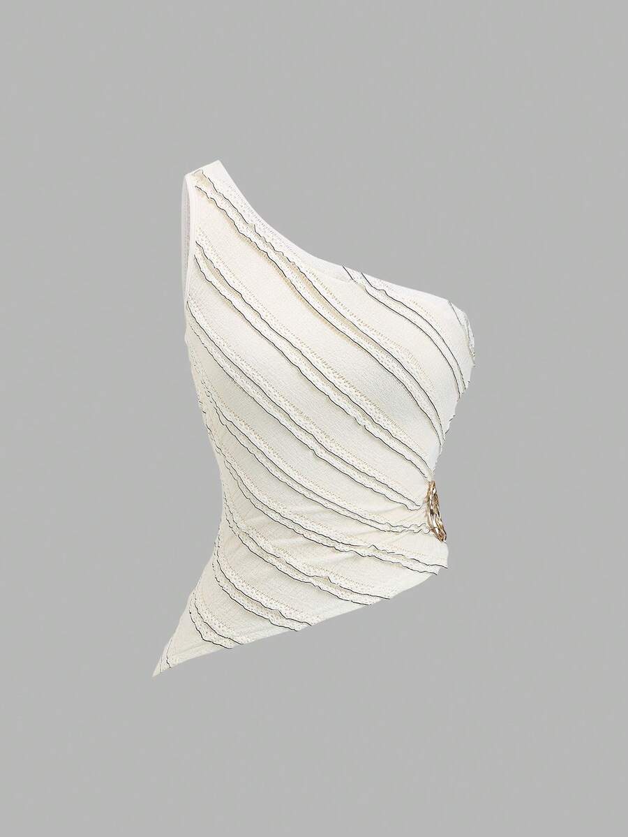 Olithes Women's New Asymmetric One Shoulder Top, Textured Fabric With Metal Button Decor, Suitable For Beach Vacation, Spring/Summer - Beige - View 1