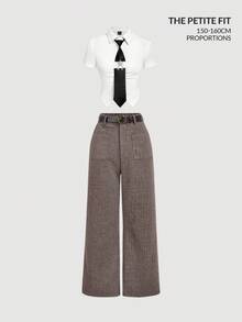 SHEIN MOD Petite 小巧复古风腰带环裤，优雅百搭，适合通勤和日常穿着。 - 彩色 - 查看 8