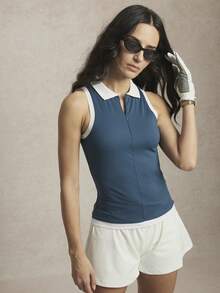 Activina Women's Zip-Up Sleeveless Fitted Sports Polo Shirt - Blue - View 1