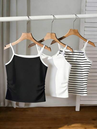 3件套女童（加大码）黑白条纹印花吊带背心，舒适百搭，适合户外、春季、夏季、秋季及日常穿着。