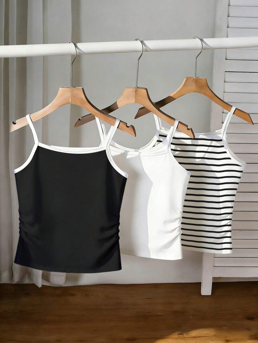 3pcs/Set Tween Girls Black & White Striped Print Camisole, Comfortable And Versatile For Outdoor, Spring, Summer, Autumn, Daily Wear - Multicolor - View 1
