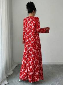 Al Najma Women's Elegant Round Neck Long Sleeve Arabic Style Dress - Red - View 2