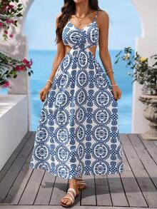 Vivid Eden Vestido retro de estampado blanco y azul para mujer, atuendo de vacaciones, atuendo de verano - Azul y blanco - Ver 5