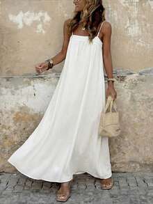 Brillora 女士休闲优雅浪漫度假棉质宽松吊带白色连衣裙，春夏款 - 白色 - 查看 9