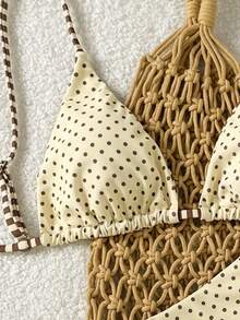 Swim Mod Bộ đồ bơi bikini họa tiết chấm bi và sọc hai mặt đơn giản dành cho nữ - Màu vàng - Xem 4