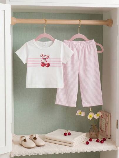Souflis Souflis 2pcs/Set Infant Girls' Summer Fashion Minimalist Streetwear White Short Sleeve T-Shirt With Striped & Cherry Print, Paired With Pink Striped Pants, Suitable For Daily, School, Outing