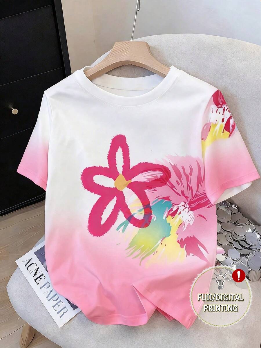 Resyla Áo thun nữ cổ tròn in họa tiết hoa ombre, kiểu dáng thường ngày, thích hợp cho mùa hè. - Nhiều màu - Xem 1
