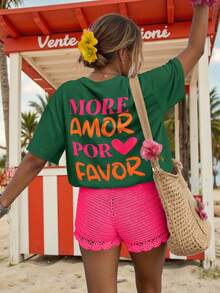 DrmWander Áo thun nữ, áo thun ngắn tay in hình phong cách đường phố thường ngày, áo mùa hè dễ thương, bộ đồ đi nghỉ mát cho nữ, bộ hai mảnh cho nữ, áo ngắn mùa hè cho nữ, áo nữ cho mùa hè - màu xanh lá - Xem 3