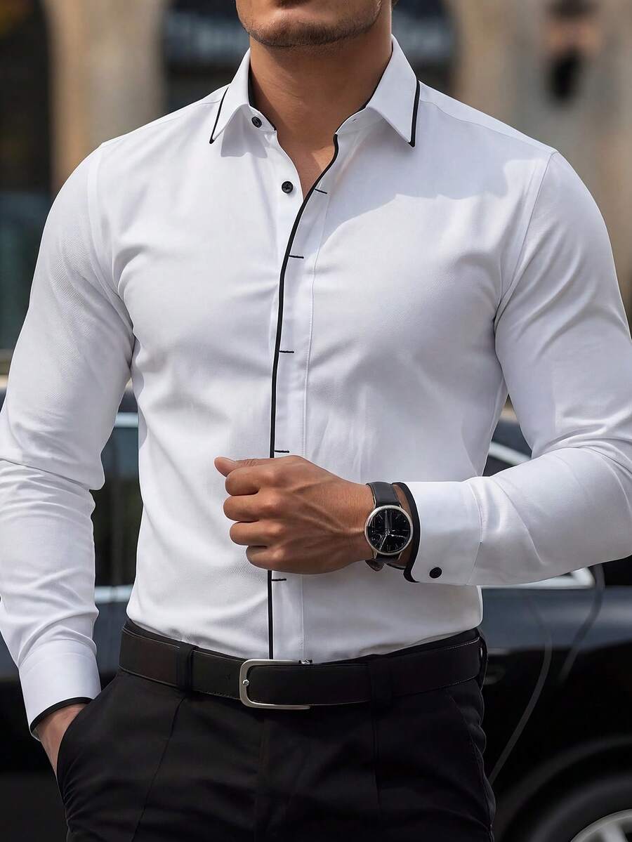 Manfinity Mode Men's Fashionable Casual Button-Down Long Sleeve Shirt - White - View 1