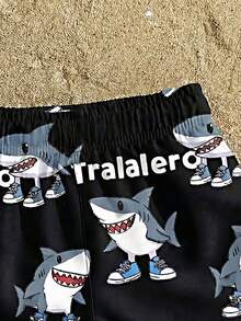 1件装幼儿男童鲨鱼字母印花抽绳腰泳裤，休闲沙滩短裤 - 彩色 - 查看 6