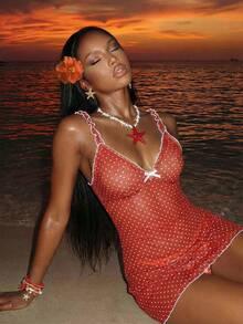 Vaytide Vestido de playa de cobertura transparente y sexy con estampado rojo para mujer - Rojo y blanco - Ver 3