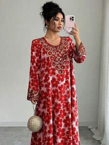 Al Najma Women's Elegant Round Neck Long Sleeve Arabic Style Dress - Red - View 5