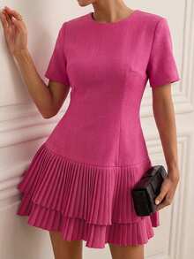 BELROSIE French Elegant Style, Patchwork Hem Pleated Design, Waist-Cinching Slim-Fit Round Neck Short Casual Dress - Hot Pink - View 3