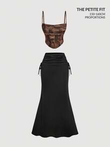 SHEIN MOD Petite Fit For The 150-160cm, Petite Perfect,  Women's High Waisted Side Drawstring Waist With Pleated Hem And Mermaid Hemline Long Black Skirt Drawstring Skirt Black Long Skirt Gothic Skirt Slit Skirt Ruched Skirt,Summer,Festival ,Beach, Wedding ,Vacation,Vintage,Romper,Black High Waist Maxi Skirt For Women, Ruched Drawstring Bodycon Mermaid Skirt, Petite Fit Elegant Slim Fishtail Long Skirt, Minimalist Y2K Chic Going Out Bottom For Party, Date Night, Cocktail, Dinner, Holiday, Club, Streetwear,Summer,Festival,Beach,Tea Party,Outfit,Vacation,Print,Going Out,Cute,Garden Party,Romantic,Country Concert,Music Festival,Boho,Y2K,Vintage,Cottagecore,Floral,Ruffle - Black - View 9