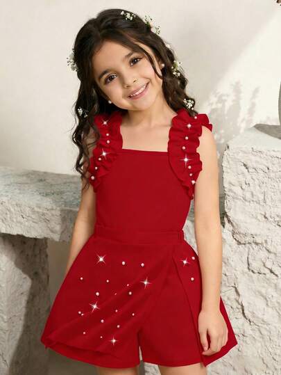 1 Set Elegante y Lindo Conjunto de 2 Piezas de Niña con Top Camisola con Volantes y Decoración de Perlas + Falda Pantalón con Abertura Irregular, Adecuado para Vacaciones, Fiestas y Uso Diario