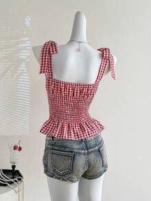 Sweetra 红色格子系带束腰女式衬衫 - 紅白色 - 查看 2