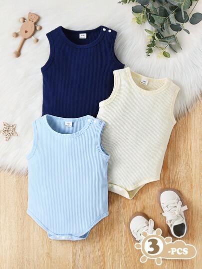 SHEIN Vintaside Kids 3pcs Baby Unisex Summer Casual 3 Pieces Set, Includes Vest Bodysuit In White, Black, Mocha, Soft & Comfortable Cotton Fabric, Suitable For Vacation, Travel, School, Daily Gatherings, Spring/Summer Occasions