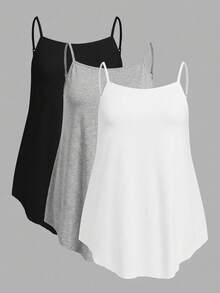 SHEIN EZwear 3pcs/Set Plus Size Solid Color Camisole Tops, Black + White + Light Grey, Suitable For Summer - Multicolor - View 1