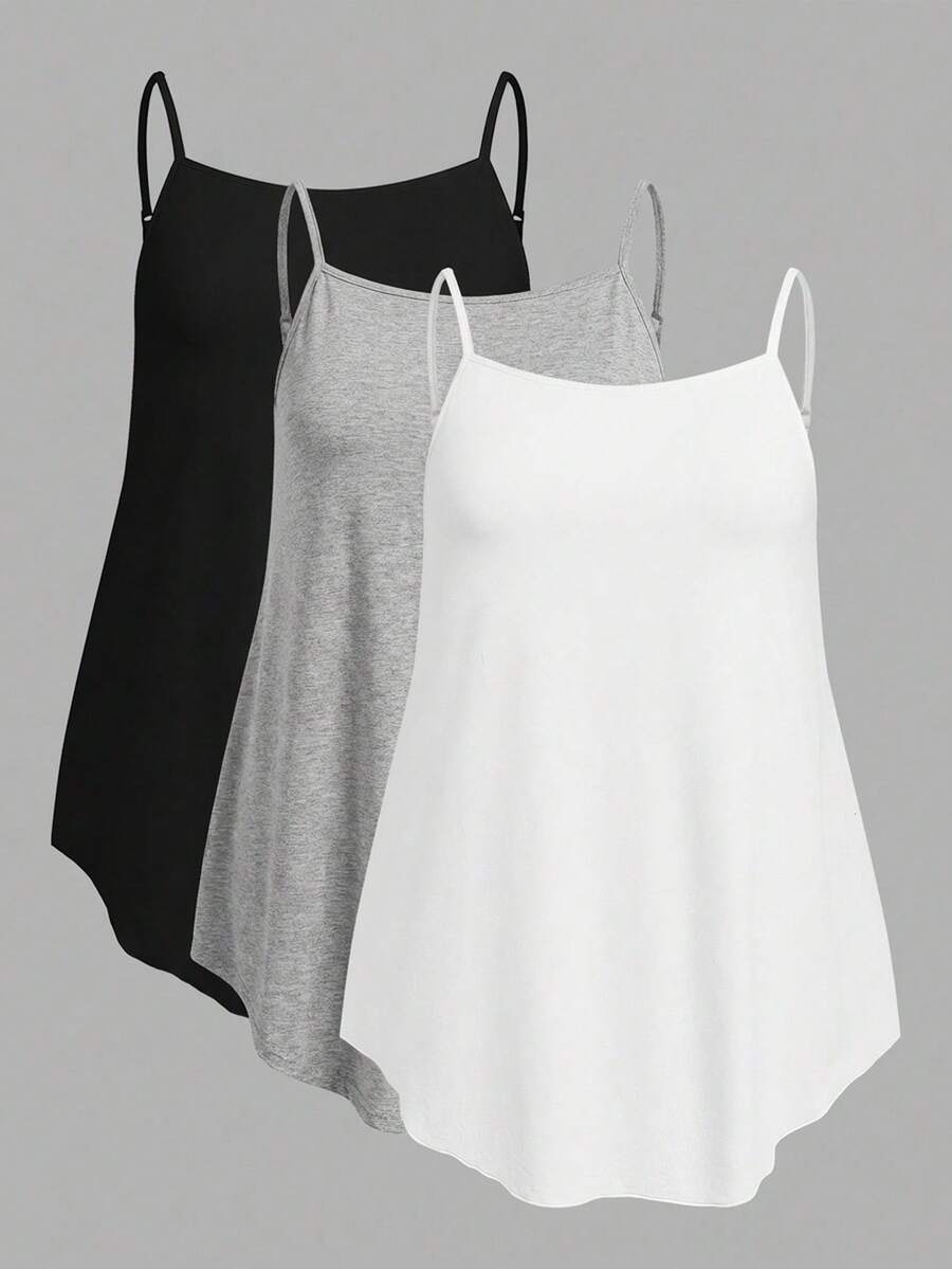 SHEIN EZwear 3pcs/Set Plus Size Solid Color Camisole Tops, Black + White + Light Grey, Suitable For Summer - Multicolor - View 1