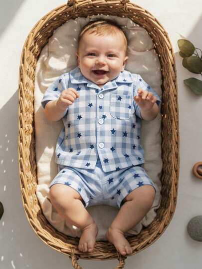 男婴休闲睡衣，柔软面料，蓝色星形图案，短袖短裤，翻领开襟，阻燃套装