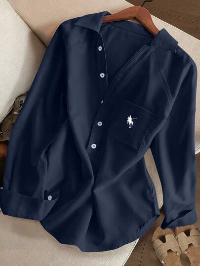 Resyla Women's Solid Color Minimalist Relaxed Fit Embroidered V-Neck Long Sleeve Shirt