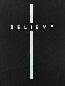 Manfinity Homme 100% Cotton Men's Letter Print Short Sleeve Loungewear Top Believe T-Shirt Graphic Tee Christian T-Shirt - Black - View 4