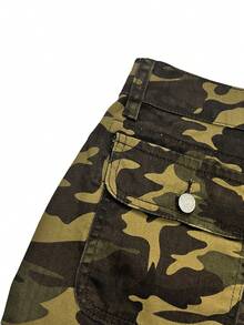 SHEIN Pantalones cortos de mezclilla lavados con estampado de camuflaje de moda con talle bajo, estilo Y2K - Multicolor - Ver 4