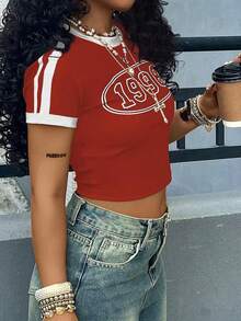 Rovax Áo thun crop top ôm sát thời trang nữ, họa tiết chữ in nổi bật, viền tương phản, thích hợp cho mùa hè. - Đỏ - Xem 4