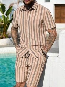 VENTUSAIL Men's Mature Striped Print Button-Front Short Sleeve Shirt And Slant Pocket Shorts Casual Set, Holiday - Khaki - View 3
