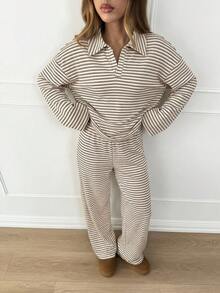 Siren Gaze Bộ đồ nữ 2 món gồm áo thun dài tay cổ chữ V tay trễ vai kẻ sọc dáng rộng và quần dài kẻ sọc cạp chun, bộ đồ len mùa đông, mùa thu/đông. - Màu be - Xem 5