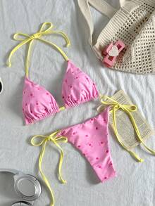 Swim Mod 甜美碎花系带女士比基尼泳装 - 粉色 - 查看 6