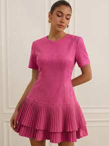 BELROSIE French Elegant Style, Patchwork Hem Pleated Design, Waist-Cinching Slim-Fit Round Neck Short Casual Dress - Hot Pink - View 5