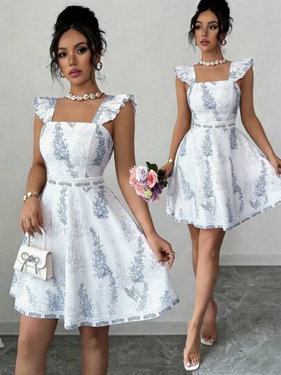 SHEIN Elenzya 女士蝴蝶结露背腰带A字连衣裙，魅力优雅假日休闲甜美可爱通勤海滩海岛性感时尚约会法式街头复古百搭春夏蓝白新款喇叭袖连衣裙