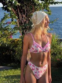 Swim Mod Bộ bikini dây mảnh, không lưng, buộc dây, họa tiết hoa ngọt ngào, gợi cảm, thích hợp cho kỳ nghỉ hè. - Nhiều màu - Xem 1