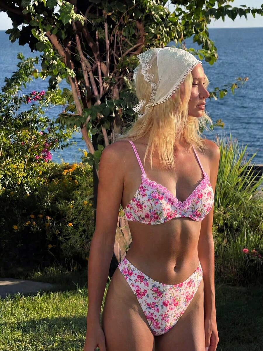 Swim Mod Bộ bikini dây mảnh, không lưng, buộc dây, họa tiết hoa ngọt ngào, gợi cảm, thích hợp cho kỳ nghỉ hè. - Nhiều màu - Xem 1