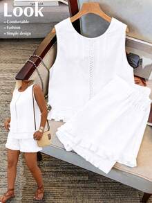 GlowEve CURVE Plus Size 2pcs Set Comfortable Linen Sleeveless Frill Trim Shirt And Casual Frill Trim Shorts - White - View 1