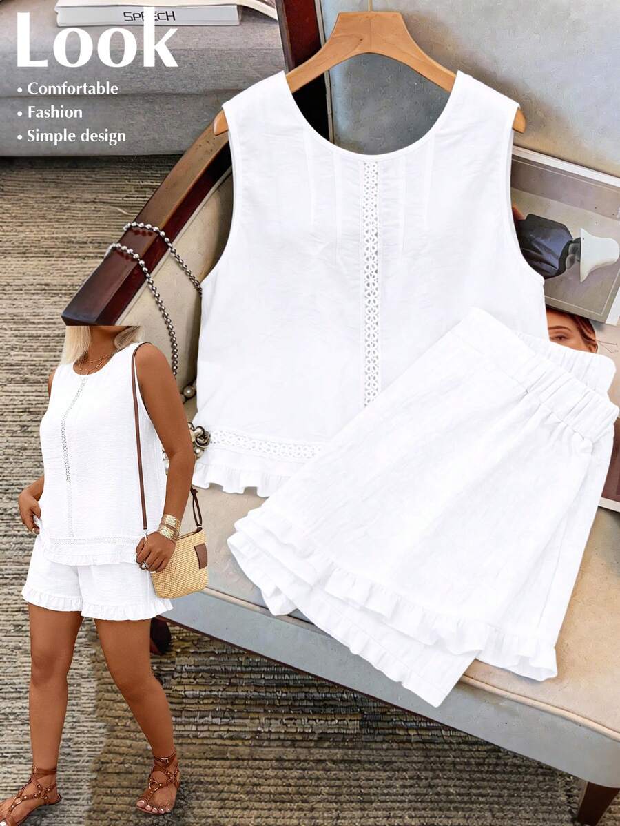 GlowEve CURVE Plus Size 2pcs Set Comfortable Linen Sleeveless Frill Trim Shirt And Casual Frill Trim Shorts - White - View 1
