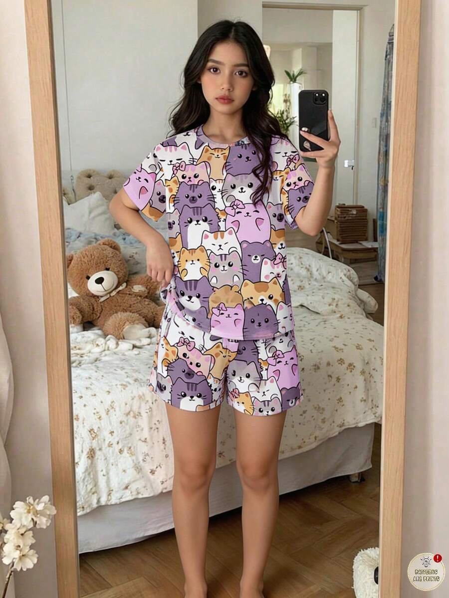 Tween Girls' Casual Minimalist Cat Cartoon Pattern Round Neck Short Sleeve Shorts Pajamas, Suitable For Summer - Multicolor - View 1