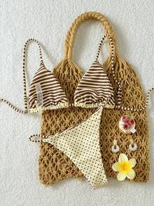 Swim Mod Bộ đồ bơi bikini họa tiết chấm bi và sọc hai mặt đơn giản dành cho nữ - Màu vàng - Xem 5