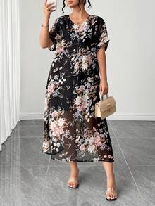 Elenzga Đầm nữ cỡ lớn cổ chữ V tay ngắn dáng rộng họa tiết hoa, kiểu dáng thường ngày. - Nhiều màu - Xem 3