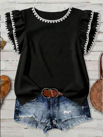 EMERY ROSE 大码女式休闲度假贝壳花卉印花圆领双层荷叶袖宽松上衣，优雅夏季度假装