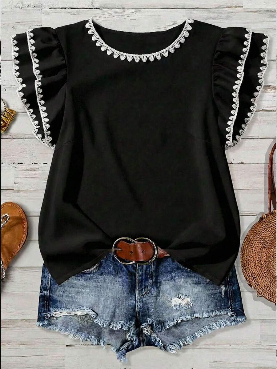 EMERY ROSE Áo kiểu nữ cỡ lớn dáng rộng, in họa tiết vỏ sò và hoa, cổ tròn, hai lớp tay bồng, thích hợp cho kỳ nghỉ hè thanh lịch. - Đen và trắng - Xem 1