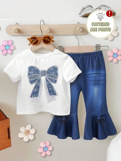 SHEIN 1 Set Baby Girls Casual Fashionable Sweet Cute Bow Print Short Sleeve T-Shirt And Bow Print Flare Pants Outfit, Summer Bow Baby Girl Outfit