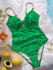 Swim Vcay 女士随机贝壳印花串珠抽绳连体泳衣，橙色，适合夏季海滩度假 - 綠色 - 查看 6