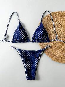 Swim Mod 2pcs Women Reversible Striped & Polka Dot Print Bikini Tankini Swimwear Set For Summer Beach Vacation - Navy Blue - View 7