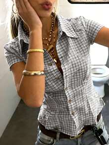 INAWLY Women's Polo Collar Short Sleeve Fitted Shirt - Black and White - View 4