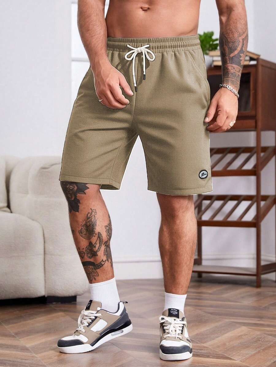 Genlund Pantaloncini casual da uomo con coulisse in vita, tasche inclinate e texture a nido d'ape di colore unito - Cammello - Visualizzare 1